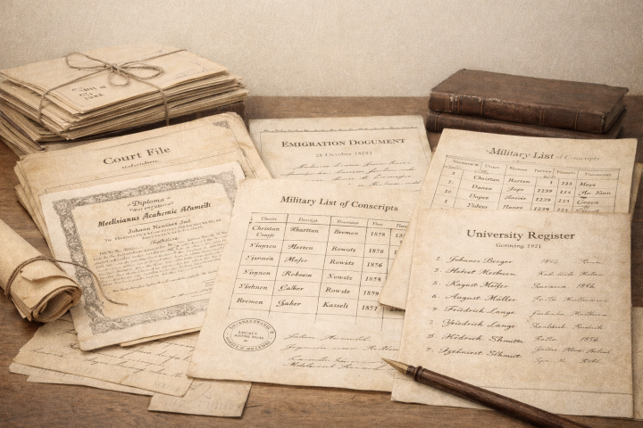 Court files, military lists and emigration records used in Central German genealogy