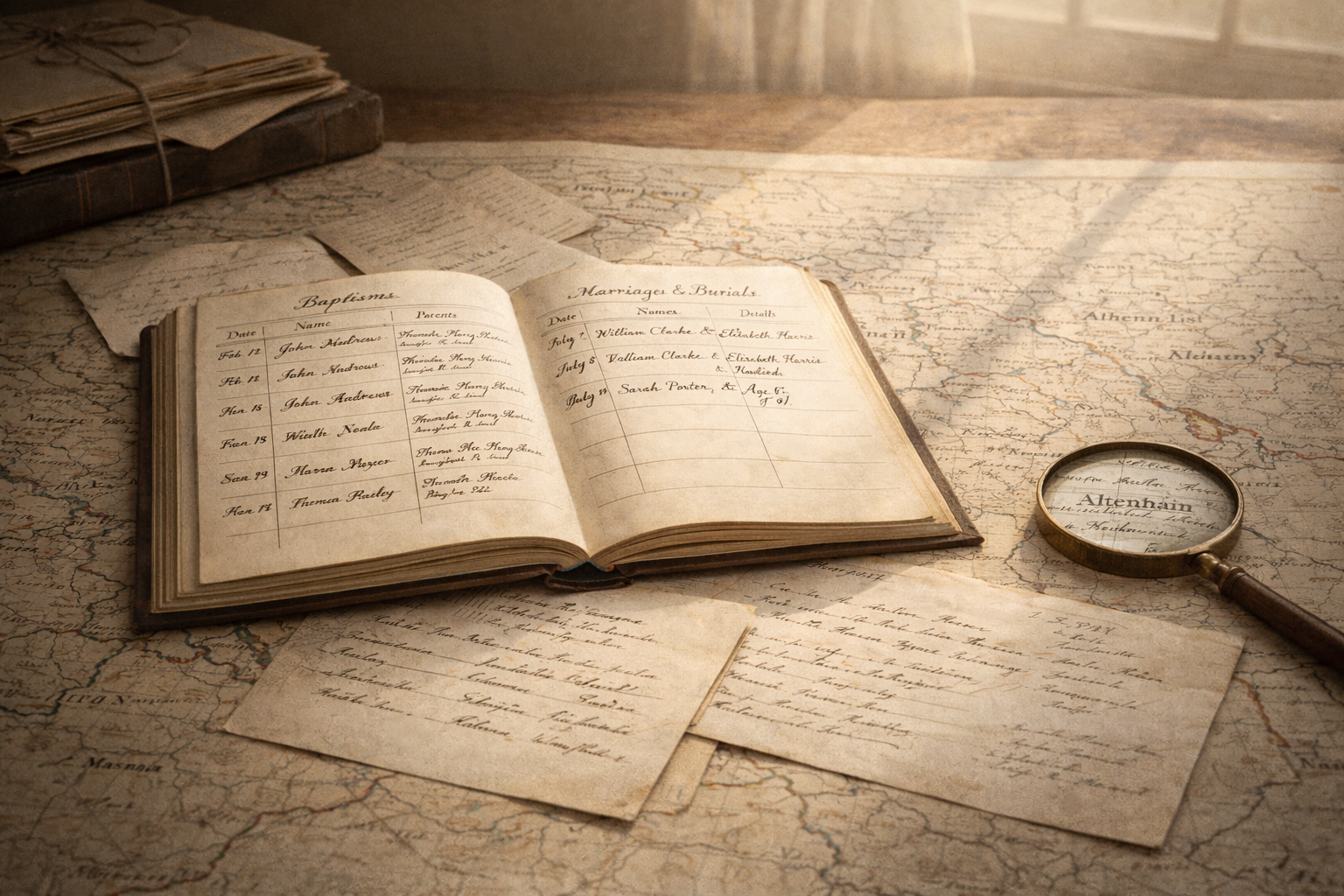 Historical documents and church records used in professional genealogy research in Central Germany